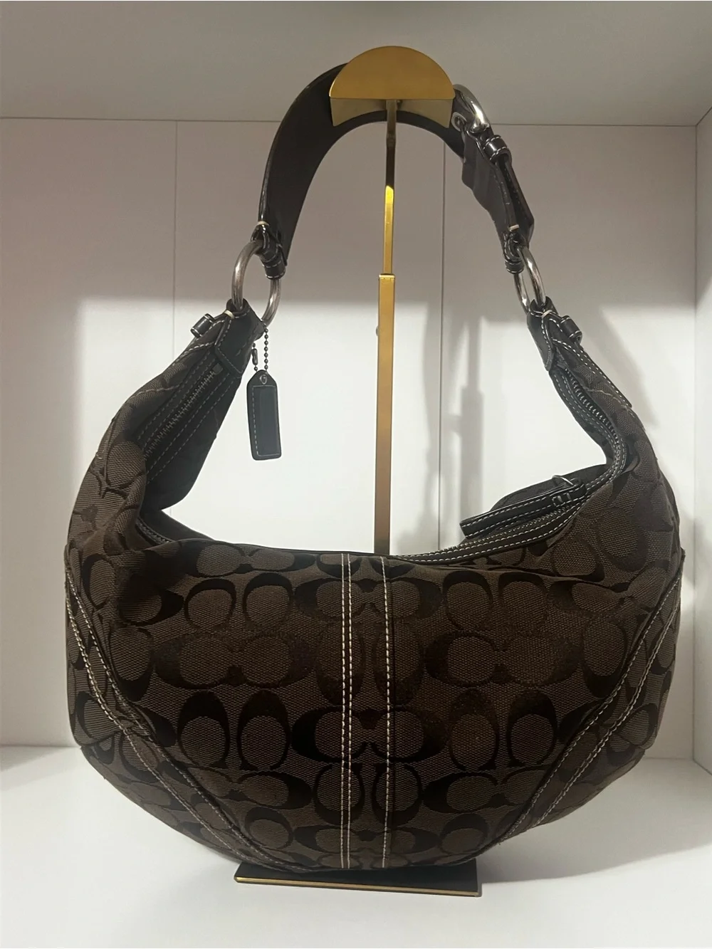 Coach Brown Signature Canvas Hobo Bag with Dark Brown Leather Trim